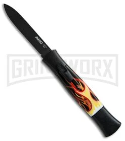 AKC 077 Concord Flames OTF Automatic Knife - Flat Grind Black Plain
