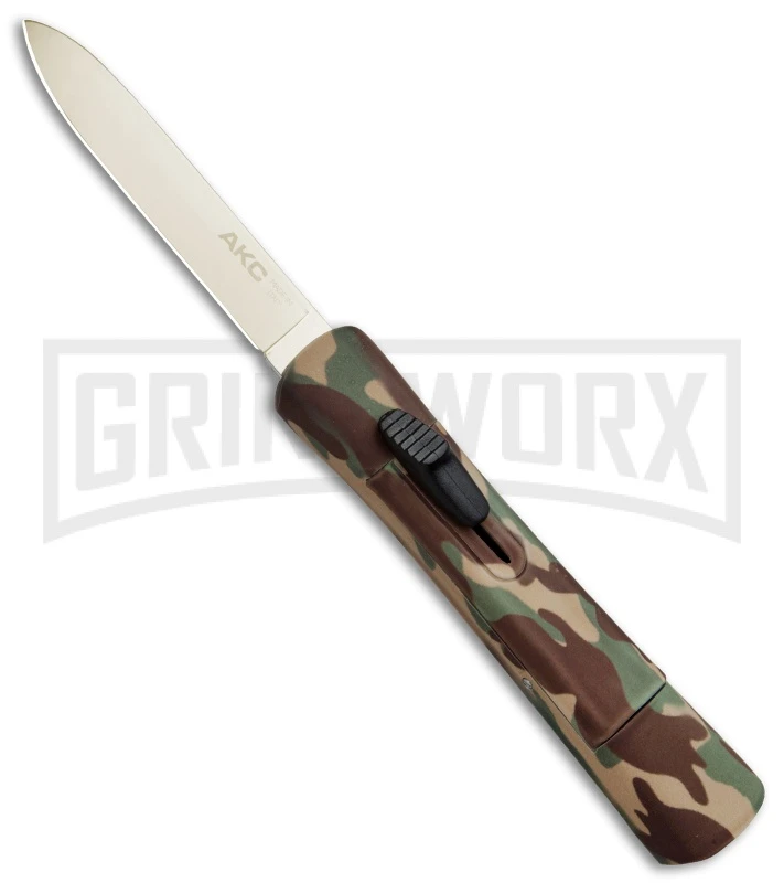 AKC Concord Camo Rubber OTF Automatic Knife - Gold Plain
