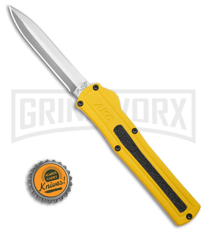 AKC F-20 D/A Dagger Yellow Aluminum OTF Automatic Knife - Satin Plain - Image 4