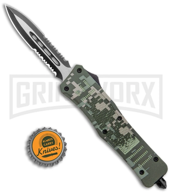 Atomic Defender Medium OTF Automatic Knife Green Camo - Dagger Two-Tone Serr - Image 5