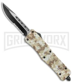 Atomic Defender Med OTF Auto Tan Camo Knife (3.25" Two-Tone Serr)