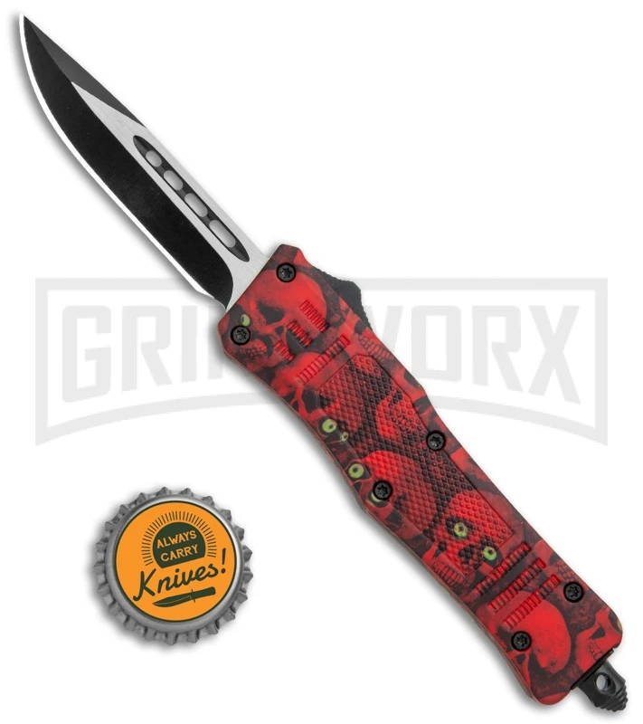 Atomic Defender Mini OTF Automatic Knife Red Skull - Two Tone Drop Point Plain - Image 5