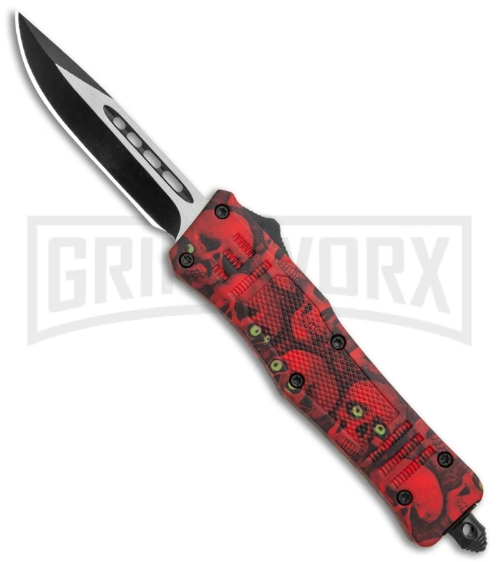 Atomic Defender Mini OTF Automatic Knife Red Skull - Two Tone Drop Point Plain