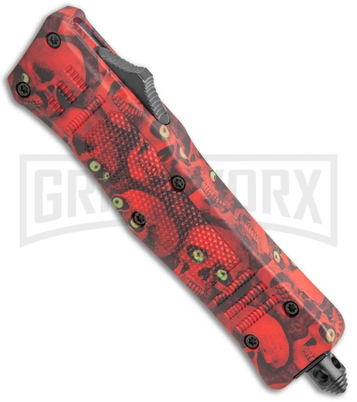 Atomic Defender Mini OTF Automatic Knife Red Skull - Two Tone Drop Point Plain - Image 2