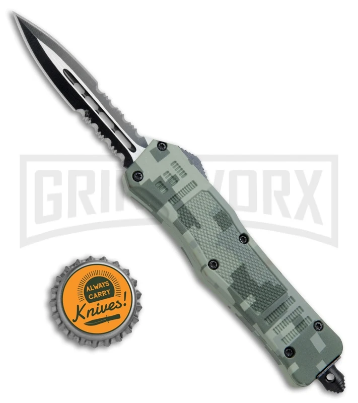 Atomic Defender Mini OTF Automatic Knife Green Digi Camo - Serr Two Tone Dagger - Image 4