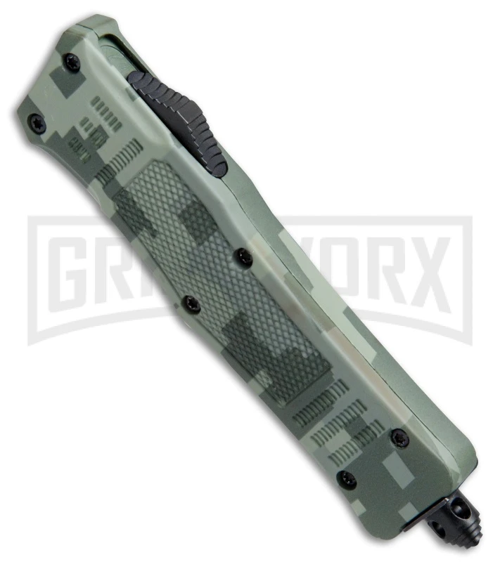 Atomic Defender Mini OTF Automatic Knife Green Digi Camo - Serr Two Tone Dagger - Image 2