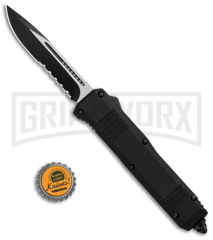 Atomic Shield Large Drop Point Black OTF Automatic Knife - Two Tone Serrated - Image 5
