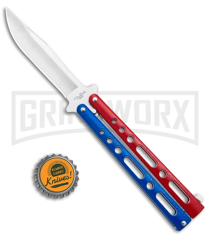 Benchmark Red & Blue Epoxy Steel Butterfly Knife - Satin Plain - Image 4