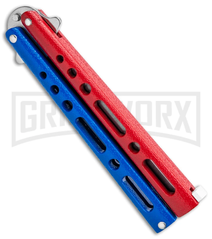 Benchmark Red & Blue Epoxy Steel Butterfly Knife - Satin Plain - Image 3