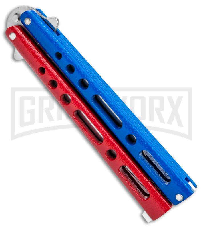 Benchmark Red & Blue Epoxy Steel Butterfly Knife - Satin Plain - Image 2