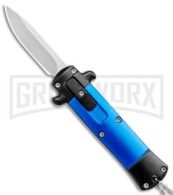 Enzo Stiletto Mini Blue W/ Black Bolsters D/A OTF Automatic Knife - Satin Plain