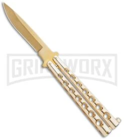 Flick Blue Balisong Butterfly Knife Gold - Drop Point Gold Plain