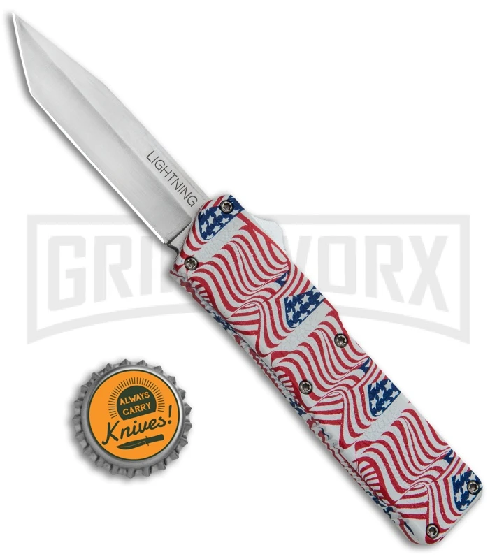 Lightning American Flag D/A OTF Automatic Knife - Tanto Satin Plain - Image 4