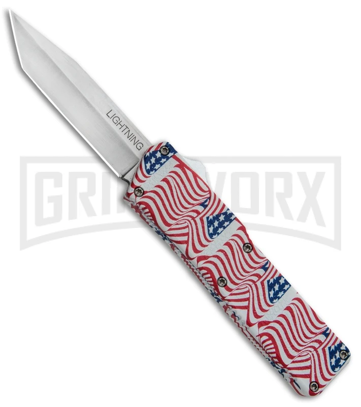 Lightning American Flag D/A OTF Automatic Knife - Tanto Satin Plain