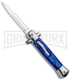 Mago 9" Blue Marble Italian Stiletto OTF Automatic Knife - Satin Plain Dagger