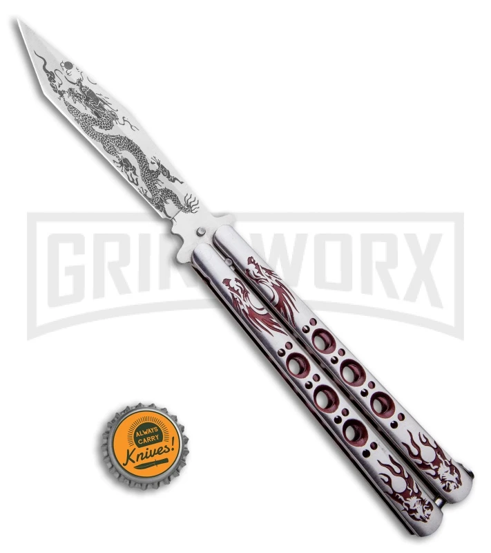 Butterfly Knife Red Dragon Etched Blade - Satin Tanto - Image 4