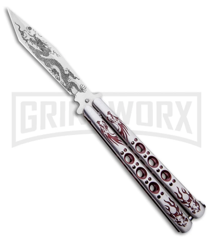 Butterfly Knife Red Dragon Etched Blade - Satin Tanto