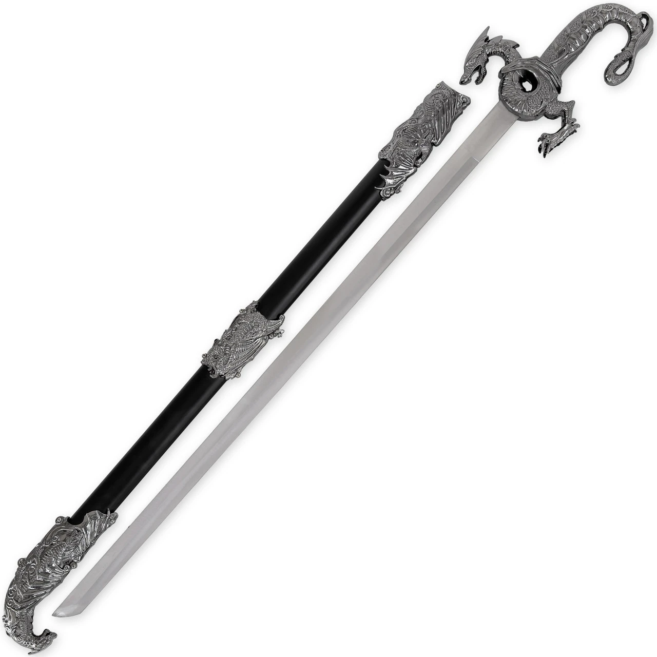 Sea Of Flames Dragon Serpent Silver Ceremonial Royal Dynasty Saber Sword W/ Hard Scabbard