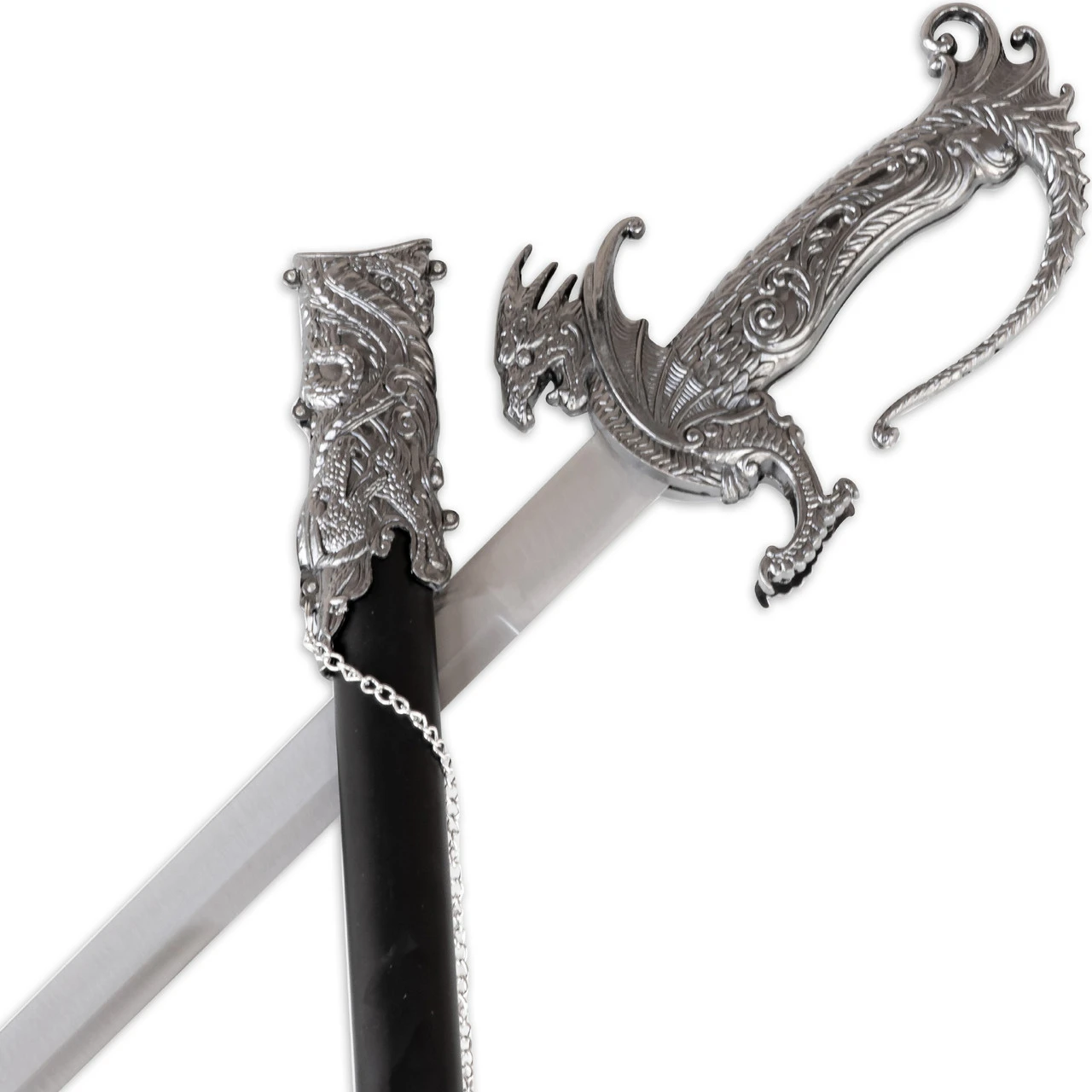 Ash-stained Wasteland Dragon Serpent Chinese Sword | Antiqued Silver Wyvern Ceremonial 37” Royal Dynasty Saber - Image 3