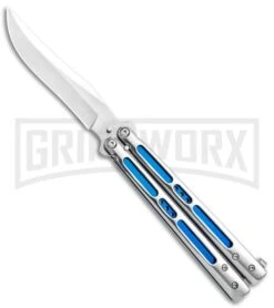 Silver/Blue Inlay Balisong Butterfly Knife - Satin Plain